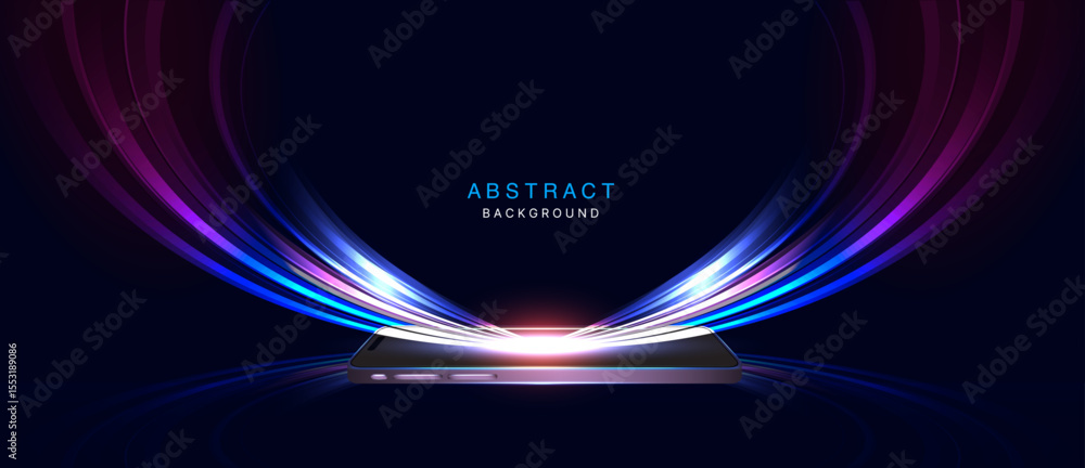 Aufkleber glowing futuristic technology smartphone background – abstract neon curved rays emanating from mobil