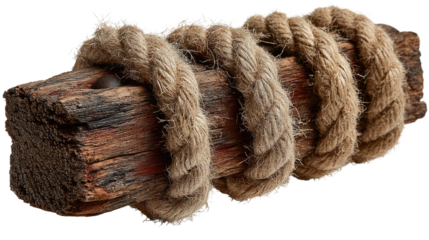 Rustic Timber and Rope: A weathered wooden beam, tightly bound with coarse rope, showcasing the enduring appeal of nautical and maritime history and the artistry of craftsmanship.