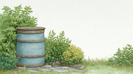 Obraz premium Explore the Charm of Rustic Landscapes: A Watercolor Depiction of a Blue Barrel Surrounded by Vibrant Green Foliage and Flowers