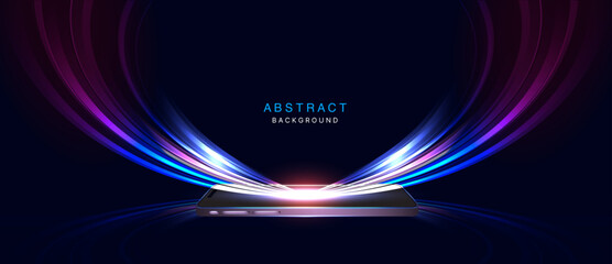 Glowing Futuristic Technology Smartphone Background – Abstract Neon Curved Rays Emanating from Mobile Device, Light Burst Glow Vector Illustration