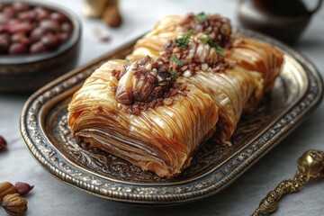Close-up of two pieces of layered dessert topped with nuts and syrup on an ornate silver tray, with a soft background of bowls and spices