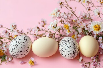Four eggs with two spotted and two plain cream-colored eggs surrounded by delicate small pink and white flowers on a soft pink background, evoking a fresh spring feel