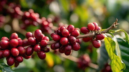 Industrial agriculture setting with close-up on productive coffee branches heavy with red fruit.