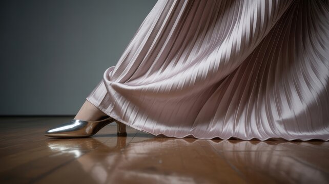 Elegant metallic shoe and flowing pink dress detail on wooden floor - Powered by Adobe