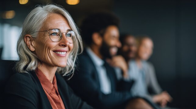 Inclusive professional setting with senior woman executive and multicultural team talking casually during seminar intermission.