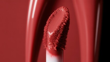 Close-up of red lipstick applicator with glossy texture