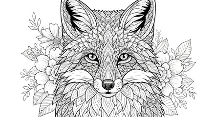 Detailed Fox Portrait with Floral Accents, Black and White Line Art
