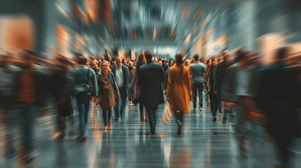 The concept of sustainability in business centers, crowds of business people walking at a corporate office in a green city downtown, abstract motion blur image with blurred background, 