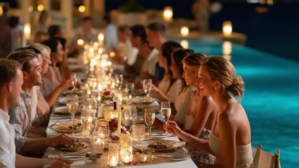 Elegant Outdoor Dinner Gathering: A sophisticated gathering, with an exquisite table setting under soft ambient lighting, creates an inviting atmosphere of a memorable dinner party.