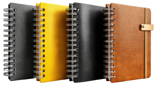 Notebooks in Spectrum: A collection of colorful notebooks, bound with spiral rings, arranged to demonstrate the tools for work and study.