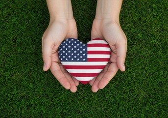 Caring hands gently hold a heart shaped american flag symbolizing patriotism and love for the united states of america