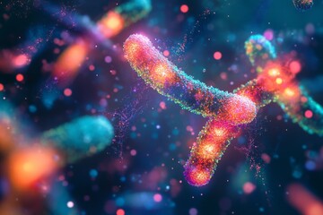 Abstract fractal design featuring luminous human chromosomes in cosmic space