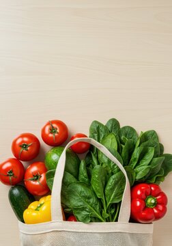 Reusable shopping bag full of fresh vegetables and fruits. Organic food for healthy eating lifestyle concept for banner or poster with copy space. Healthy grocery shopping	
