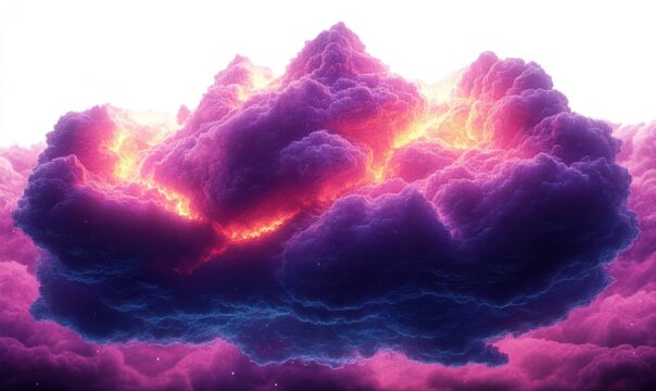 Vibrant purple and pink cloud formation glowing with intense fiery light from within, creating a surreal and dramatic atmospheric effect