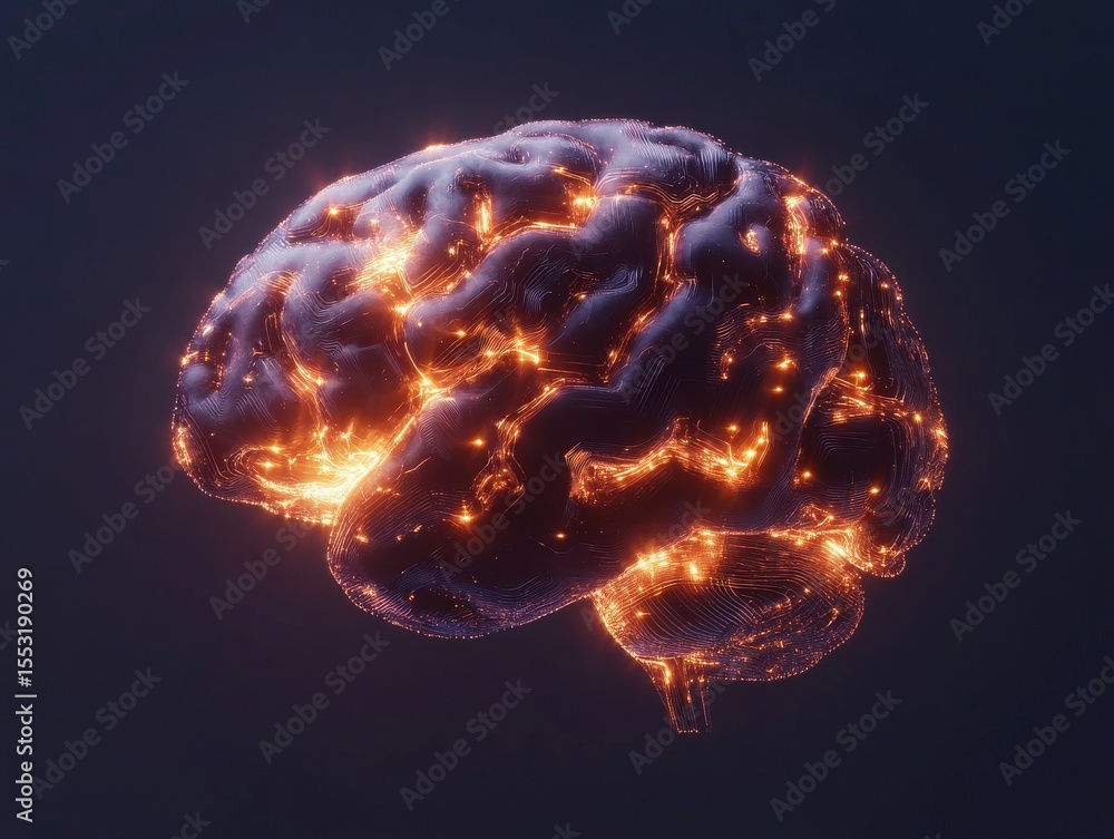 Poster futuristic concept of a brain with glowing interconnected circuit boards for technology design