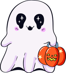 A Cute Ghost Holding Jack-o'-Lantern Hand Drawn Cartoon Doodle