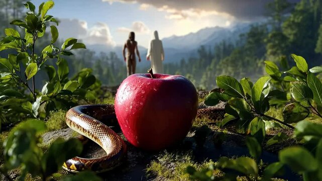 Eden moment: Adam temptation, Eve disobedience, serpent whisper, fruit grasp, garden exile, divine wrath, moral test, fig cover, sacred symbol, ancient lore, faith journey, holy command