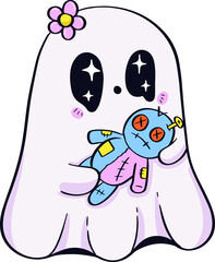 A Cute Ghost with Voodoo Doll Hand Drawn Cartoon Doodle