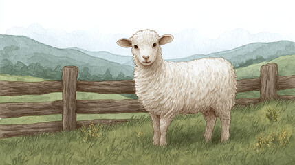 Obraz premium A Serene Rural Scene Featuring a Charming Sheep in a Pastoral Landscape Surrounded by Fences and Lush Green Fields Against a Backdrop of Rolling Hills