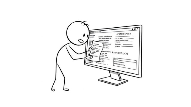 Stick figure checking document on computer screen
