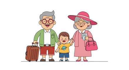 Cartoon Grandparents and Grandson Ready for Travel with Suitcase and Tickets