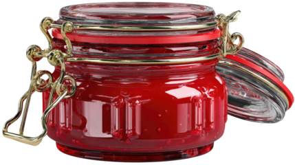 Red Delight: A close-up captures a glass jar filled with vibrant red preserve, showcasing its rich color and appealing texture, with a golden clasp and red lid adding a touch of elegance.