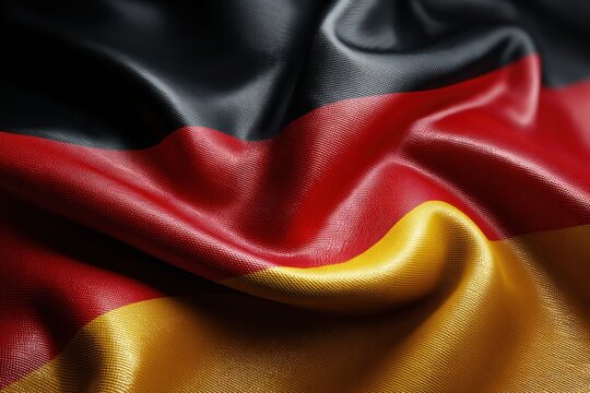 German flag waving gently in the breeze, showcasing its black, red, and gold colors with vibrant textures on a sunny day