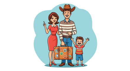 Cartoon Family Ready for Vacation with Suitcase and Travel Stickers