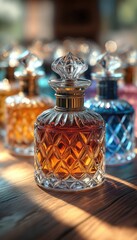 Elegant crystal glass decanters filled with amber and blue liquids arranged on a wooden surface softly illuminated by warm natural light