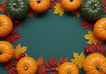 A festive autumn arrangement of pumpkins and colorful fall leaves creating a border on a deep teal background for seasonal greetings