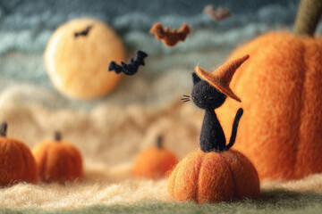 Felted black cat sitting on top of a pumpkin with a witch hat, surrounded by pumpkins and flying bats, a spooky Halloween scene, a cute character design, detailed wool texture.