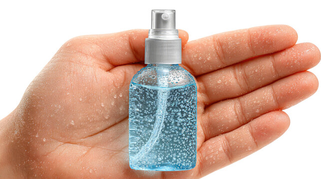 Hand Sanitizer: A close-up shot features a hand cradling a small bottle of sanitizer. Clear liquid inside the container, promising cleanliness and hygiene. It's a visual reminder of personal care. - Powered by Adobe