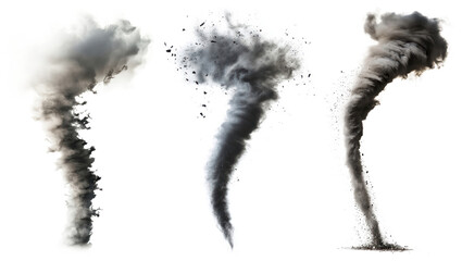 PNG Three swirling tornadoes in varying shapes and sizes element set on transparent background.