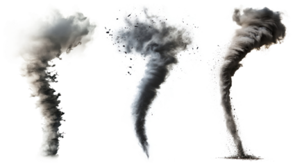 PNG Three swirling tornadoes in varying shapes and sizes element set on transparent background.
