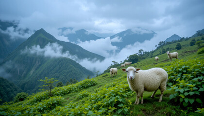 Fototapeta premium Fluffy sheep graze peacefully on a lush green hillside, overlooking a breathtaking vista of misty mountains. A serene and captivating natural landscape.