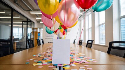 Colorful balloons and confetti on office table for celebration and party decoration scene
