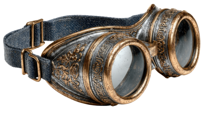 Steampunk Goggles: A close-up shot presents vintage steampunk goggles, with metallic frames and lenses exuding a sense of adventure and retro-futuristic style. 