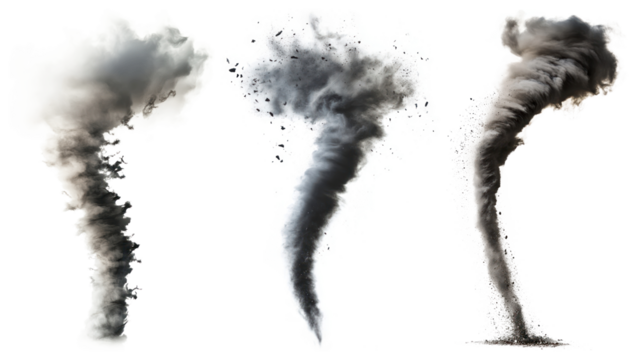 PNG Three swirling tornadoes in varying shapes and sizes element set on transparent background.