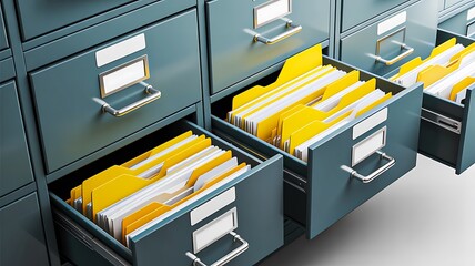 Office file drawers filled with organized yellow folders in storage and documentation concept

