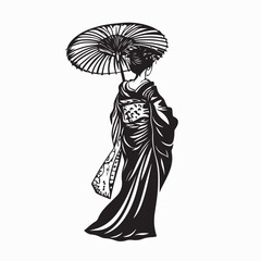 Geisha with umbrella Image. Black and White Asian Woman With Umbrella on white background