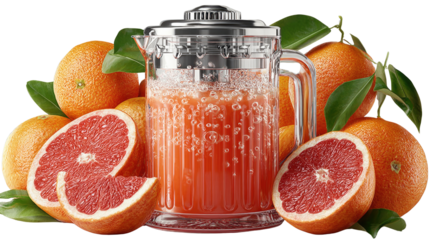 Fresh Grapefruit Juice: a vibrant still life composition showcasing a jug brimming with refreshing grapefruit juice, encircled by whole and sliced grapefruits.