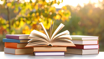 Fototapeta premium Knowledge and Nature's Embrace: An open book sits atop a stack of books, the pages bathed in warm sunlight filtering through autumn foliage.