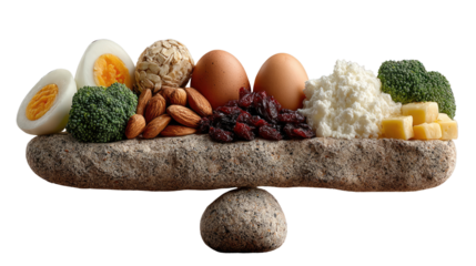 Balanced Diet on Stone: A carefully arranged selection of healthy foods, including eggs, almonds, broccoli, raisins, and cheese, rests on a balanced stone.