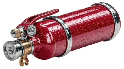 Red Fire Extinguisher: A close-up shot of a compact, metallic red fire extinguisher, featuring a speckled finish and metallic accents. Its design suggests portability and readiness for quick action. 