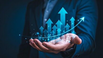 Business growth and success concept with businessman holding upward arrows and financial graph
