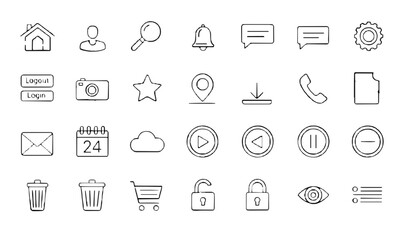 Fototapeta premium Minimalist Line Icon Set for Web and App UI – Thin Outline Style Symbols for Interface Elements like Home, Search, Message, Calendar, Trash, Lock, and More on White Background
