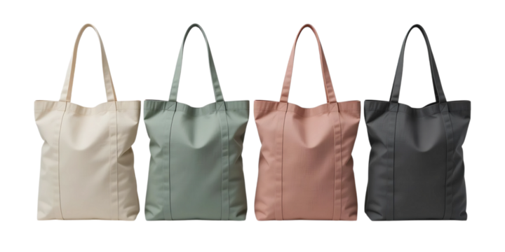 Stylish Multi-Colored Canvas Tote Bags Against a Transparent Isolated Background. Four different colored canvas tote bags are showcasing their vibrant hues and simple design.