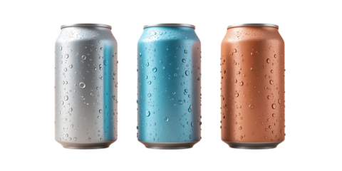 Set of Three Iced Beverage Cans in Assorted Colors on a Transparent Isolated Background. Close-up of three different-colored aluminum beverage cans, each covered in water droplets.