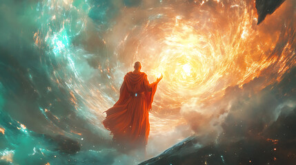 A warrior monk glowing with inner light, standing amidst swirling cosmic energy. (1)