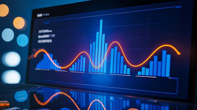 Analytics dashboard with digital graph and glowing data visualization on dark screen
